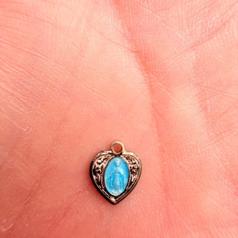 Sterling Silver Blue Enamel Heart Miraculous Medal Virgin Mary Charm OS Good